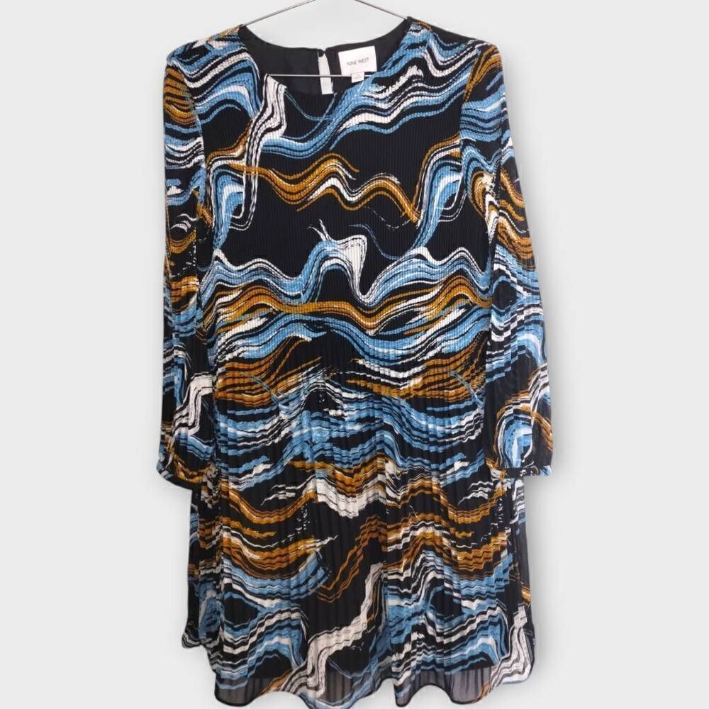 Nine West Womens Dress Sz‎ 14 Pleated Mod 70s Trend Style Chiffon Swirl Black